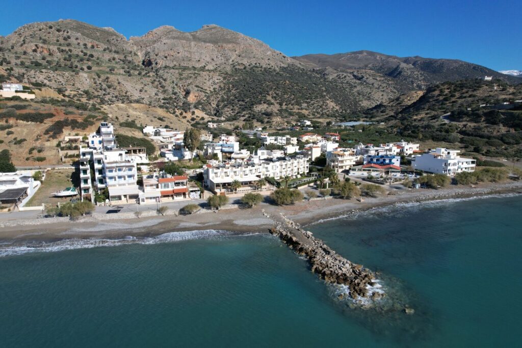 Coastal village and beach seen from above
