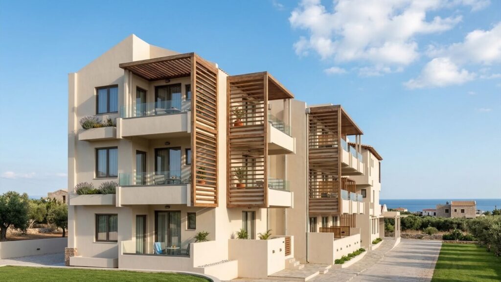Beachfront hotel with timber shading and sea view